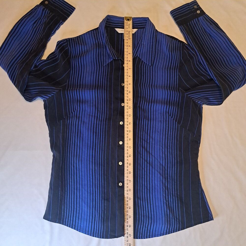 Casual Corner Vtg Women's 100% Silk Blue Black Striped Button-Down Shirt Size 14 - Picture 3 of 10